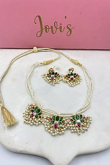 Gold Finish Kundan Polki Meenakari Necklace Set