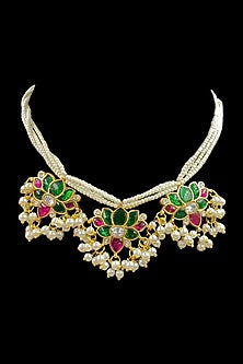 Gold Finish Kundan Polki Meenakari Necklace Set