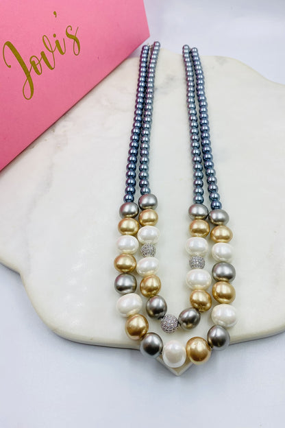 Grey Shell Pearl & Crystal Layered Necklace