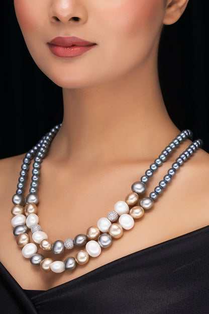 Grey Shell Pearl & Crystal Layered Necklace