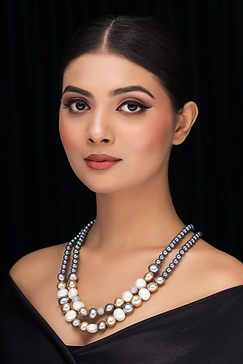 Grey Shell Pearl & Crystal Layered Necklace