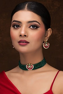 Gold Finish Kundan Polki Green Meenakari Choker Necklace Set