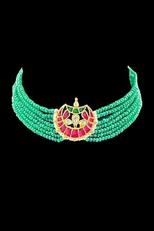 Gold Finish Kundan Polki Green Meenakari Choker Necklace Set