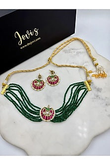 Gold Finish Kundan Polki Green Meenakari Choker Necklace Set