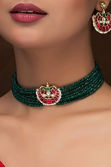 Gold Finish Kundan Polki Green Meenakari Choker Necklace Set