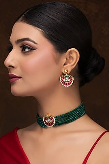Gold Finish Kundan Polki Green Meenakari Choker Necklace Set