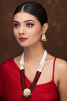 Gold Finish Kundan Polki & Red Pearl Long Necklace Set
