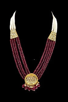 Gold Finish Kundan Polki & Red Pearl Long Necklace Set
