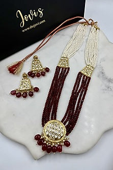 Gold Finish Kundan Polki & Red Pearl Long Necklace Set