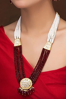 Gold Finish Kundan Polki & Red Pearl Long Necklace Set