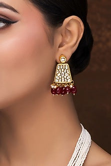 Gold Finish Kundan Polki & Red Pearl Long Necklace Set