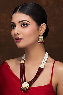 Gold Finish Kundan Polki & Red Pearl Long Necklace Set
