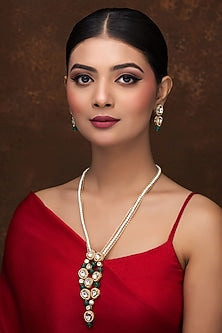 Gold Finish Kundan Polki & Green Melon Beaded Long Necklace Set