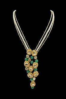 Gold Finish Kundan Polki & Green Melon Beaded Long Necklace Set