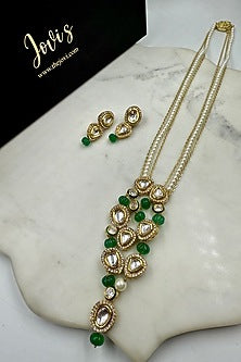 Gold Finish Kundan Polki & Green Melon Beaded Long Necklace Set