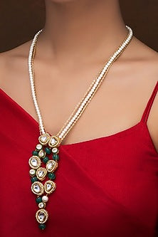 Gold Finish Kundan Polki & Green Melon Beaded Long Necklace Set