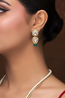 Gold Finish Kundan Polki & Green Melon Beaded Long Necklace Set