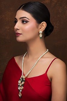 Gold Finish Kundan Polki & Green Melon Beaded Long Necklace Set