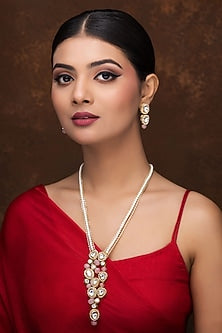 Gold Finish Kundan Polki & Pink Melon Beaded Long Necklace Set