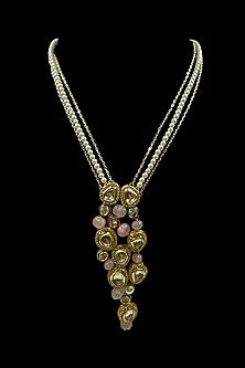 Gold Finish Kundan Polki & Pink Melon Beaded Long Necklace Set