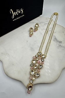 Gold Finish Kundan Polki & Pink Melon Beaded Long Necklace Set
