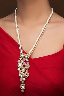 Gold Finish Kundan Polki & Pink Melon Beaded Long Necklace Set