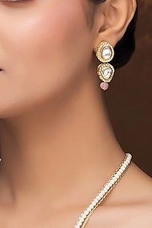 Gold Finish Kundan Polki & Pink Melon Beaded Long Necklace Set