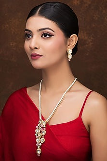 Gold Finish Kundan Polki & Pink Melon Beaded Long Necklace Set