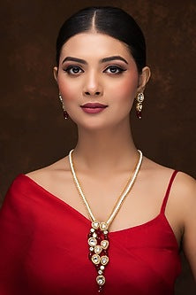 Gold Finish Kundan Polki & Red Quartz Long Necklace Set