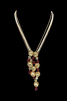 Gold Finish Kundan Polki & Red Quartz Long Necklace Set