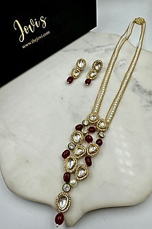 Gold Finish Kundan Polki & Red Quartz Long Necklace Set