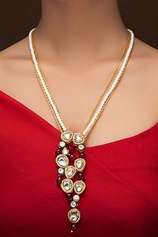 Gold Finish Kundan Polki & Red Quartz Long Necklace Set