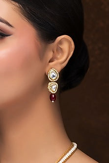 Gold Finish Kundan Polki & Red Quartz Long Necklace Set