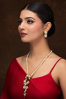 Gold Finish Kundan Polki & Red Quartz Long Necklace Set