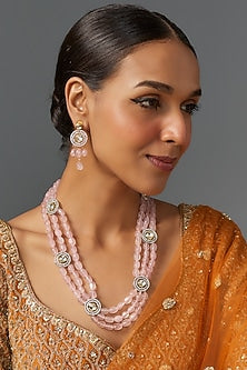 Gold Finish Pink Kundan Polki & Rose Quartz Stone Long Necklace Set