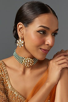 Gold Finish Kundan Polki & Green Quartz Stone Choker Necklace Set