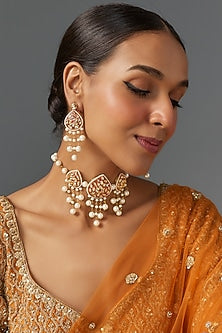 Gold Finish Kundan Polki Necklace Set