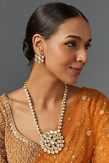 Gold Finish Kundan Polki Long Necklace Set