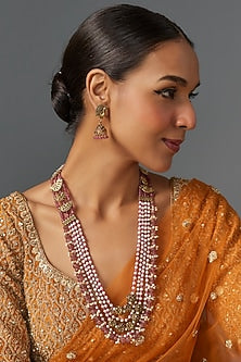 Gold Finish Red Semi-Precious Quartz Stone Temple Long Necklace Set
