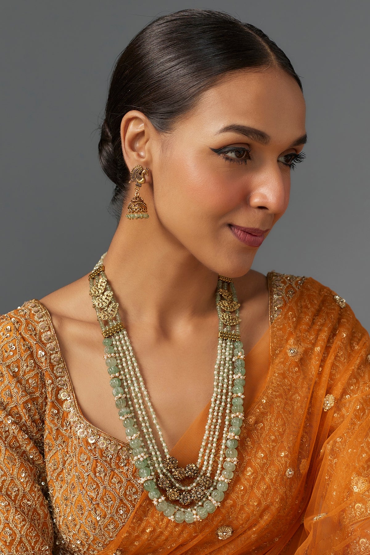 Gold Finish Green Semi-Precious Quartz Stone Temple Long Necklace Set