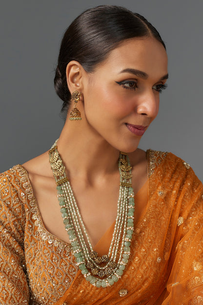 Gold Finish Green Semi-Precious Quartz Stone Temple Long Necklace Set