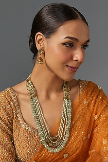 Gold Finish Green Semi-Precious Quartz Stone Temple Long Necklace Set