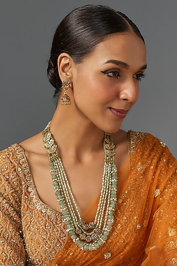 Gold Finish Green Semi-Precious Quartz Stone Temple Long Necklace Set