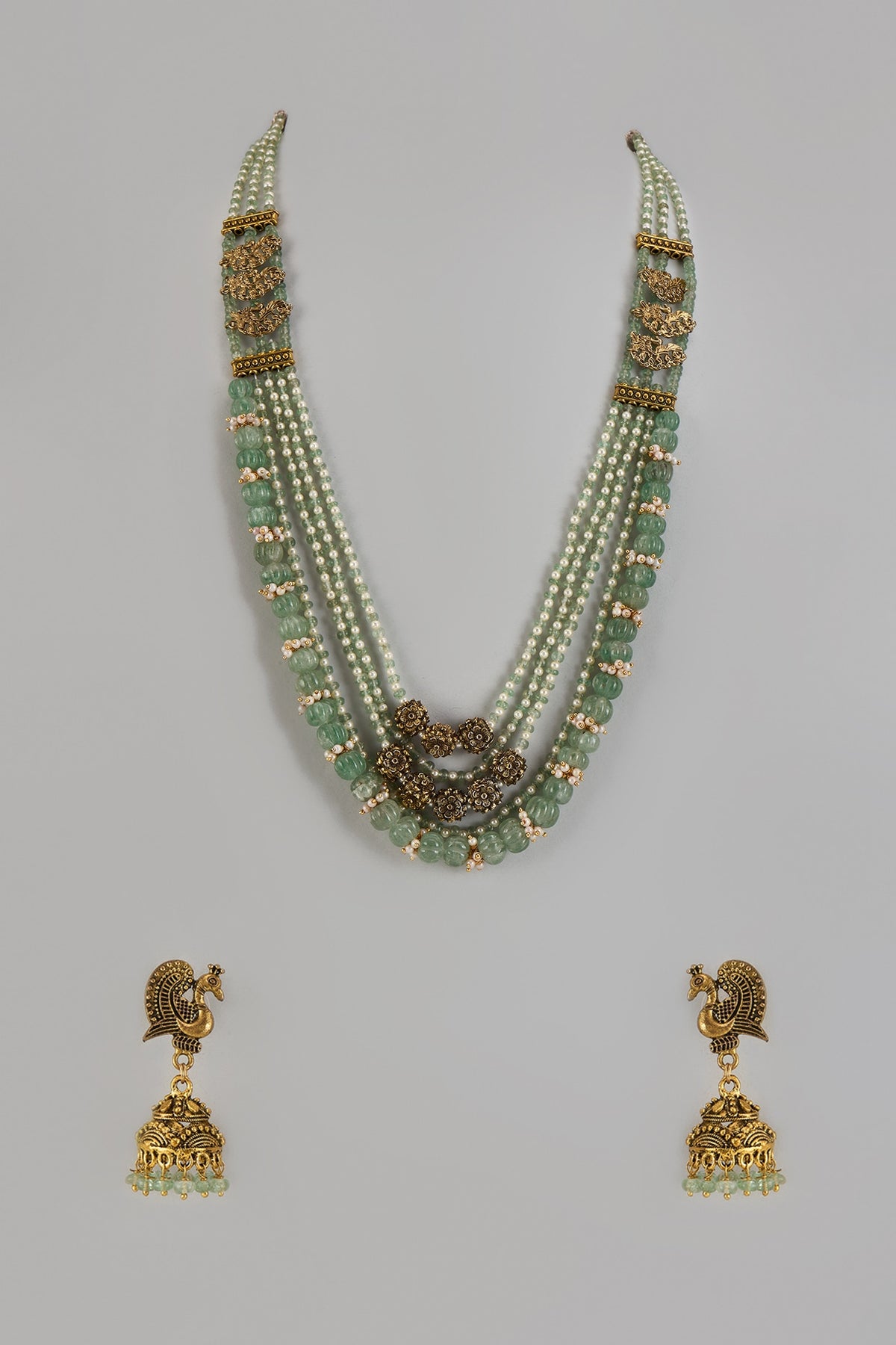 Gold Finish Green Semi-Precious Quartz Stone Temple Long Necklace Set