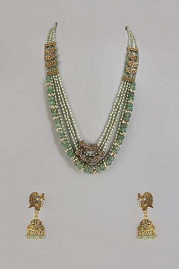 Gold Finish Green Semi-Precious Quartz Stone Temple Long Necklace Set
