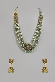 Gold Finish Green Semi-Precious Quartz Stone Temple Long Necklace Set
