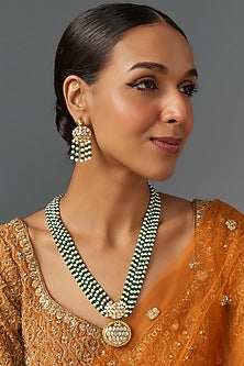 Gold Finish Green & White Pearl Long Necklace Set