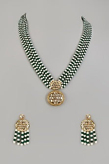 Gold Finish Green & White Pearl Long Necklace Set
