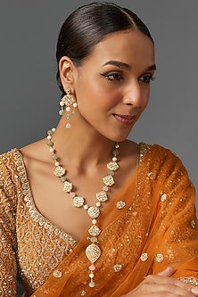 Gold Finish Kundan Polki Long Necklace Set
