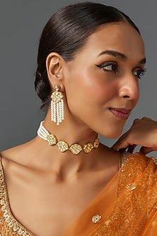 Gold Finish Kundan Polki & Pearl Choker Necklace Set